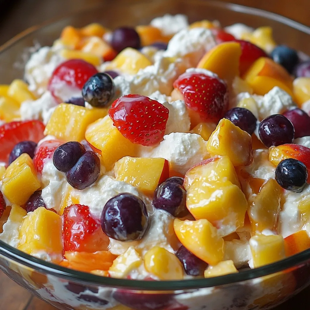 Detailed view of peach cobbler cheesecake fruit salad showing juicy peach chunks, whole blueberries, bright red strawberries, and purple grapes enveloped in a creamy white dressing.