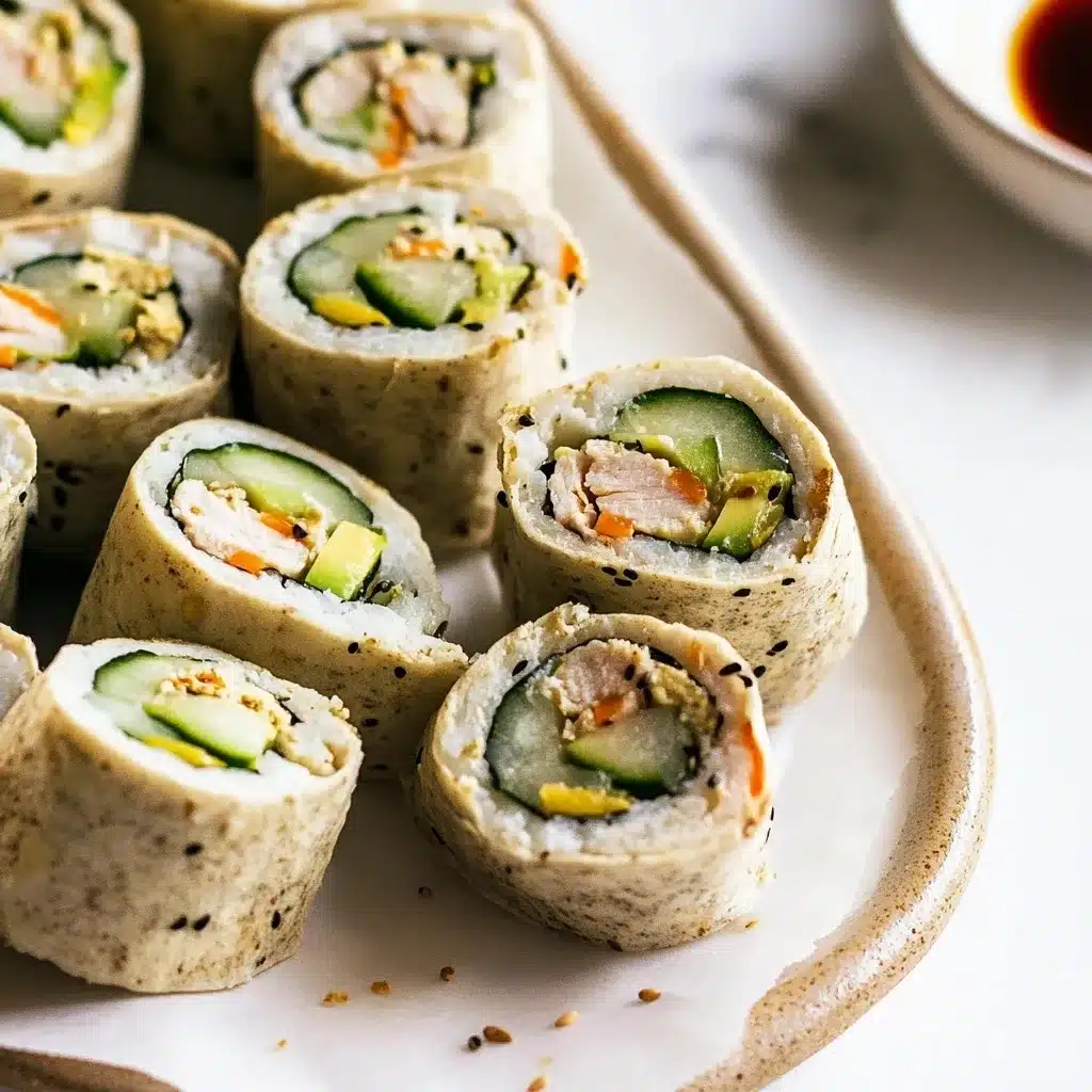 Close-up of sushi sandwich rolls on a cream plate showing detailed layers of bread, vegetables and chicken