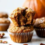 Close-up of a halved pumpkin muffin showing its moist interior, stacked on another muffin with pecans visible and a pumpkin in the background