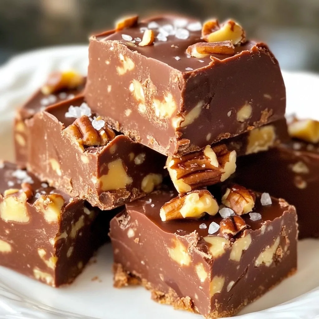 Stack of glossy chocolate fudge squares topped with pecans and salt crystals on a white serving dish.