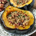 Roasted acorn squash half filled with fluffy quinoa, topped with toasted pecans and fresh herbs, served on a decorative plate.