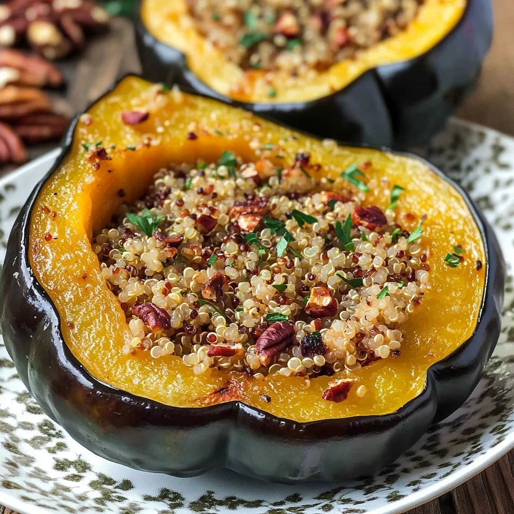 Roasted acorn squash half filled with fluffy quinoa, topped with toasted pecans and fresh herbs, served on a decorative plate.