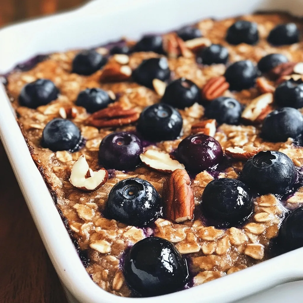 Close-up view of blueberry breakfast bake showing the texture of baked oats, fresh blueberries, and mixed nuts
