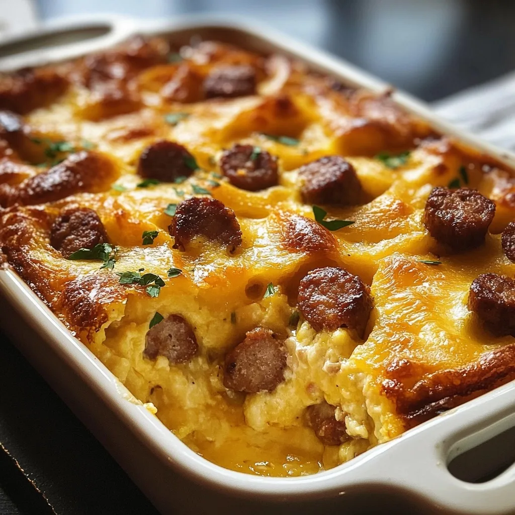 Side angle view of breakfast sausage and cheese casserole showing the golden bubbly top with browned sausage pieces and herb garnish.