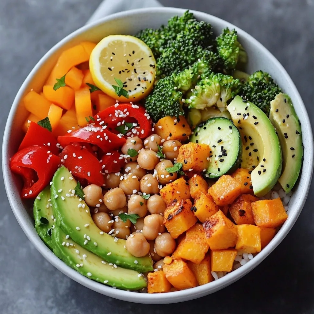 Colorful Buddha bowl featuring roasted sweet potatoes, broccoli, red bell pepper, chickpeas, and sliced avocado arranged in sections with sesame seeds and a lemon wedge garnish.