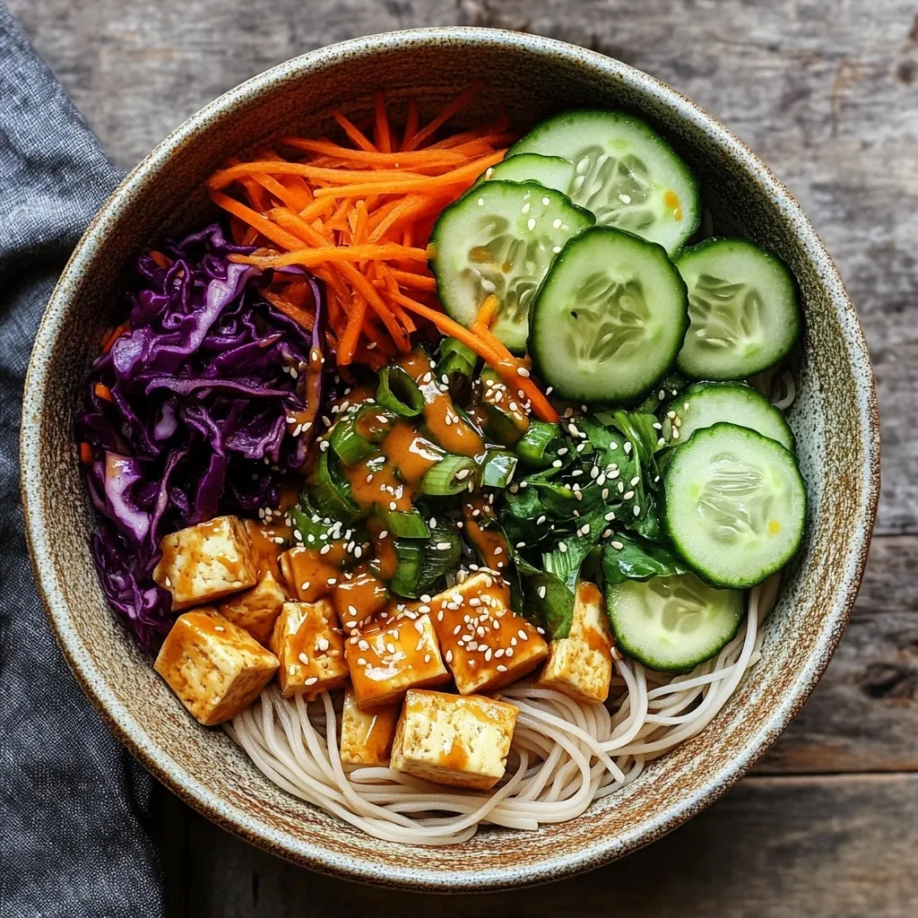 Buddha noodle bowl with rice noodles, golden tofu cubes, julienned carrots, purple cabbage, cucumber slices, green onions and sesame seeds arranged in sections over a ceramic bowl.