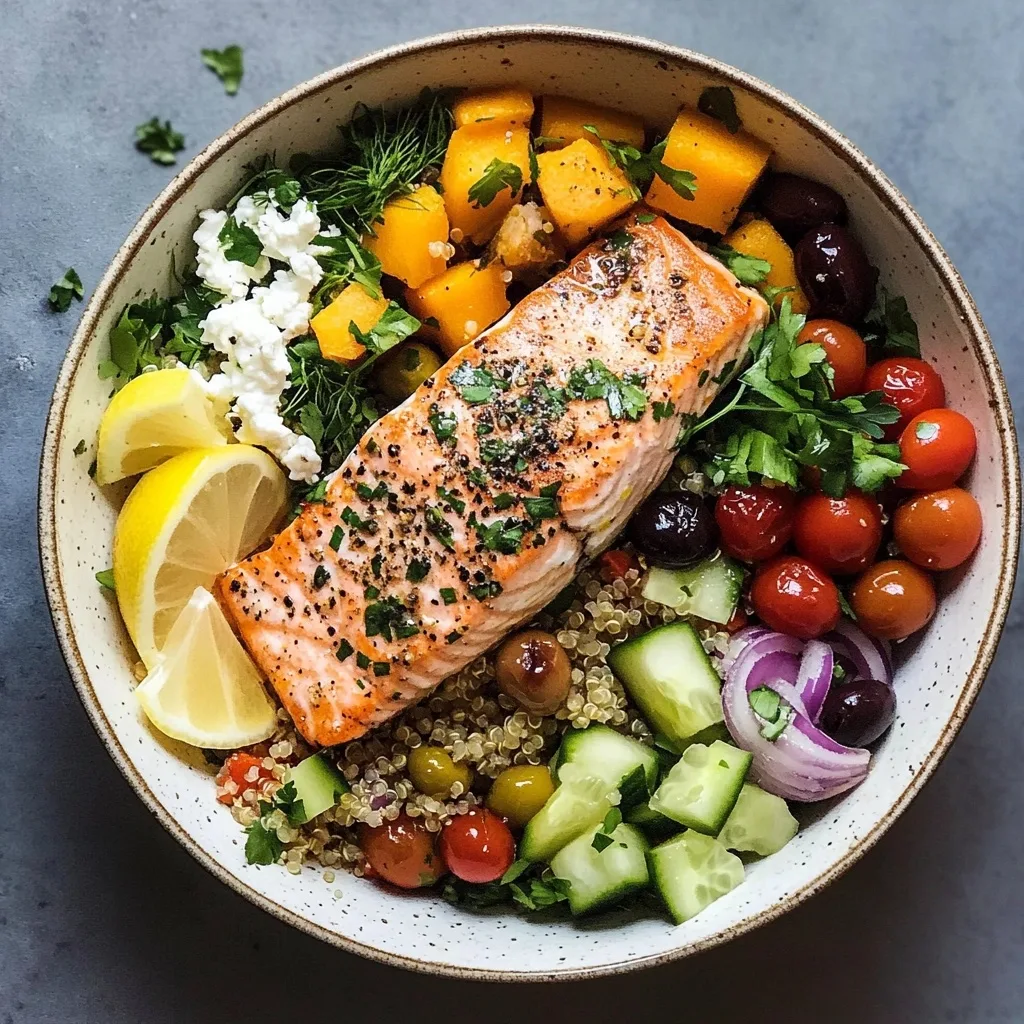 Healthy Mediterranean salmon bowl with butternut squash, quinoa base, cherry tomatoes, olives, cucumber, red onion, and fresh herbs