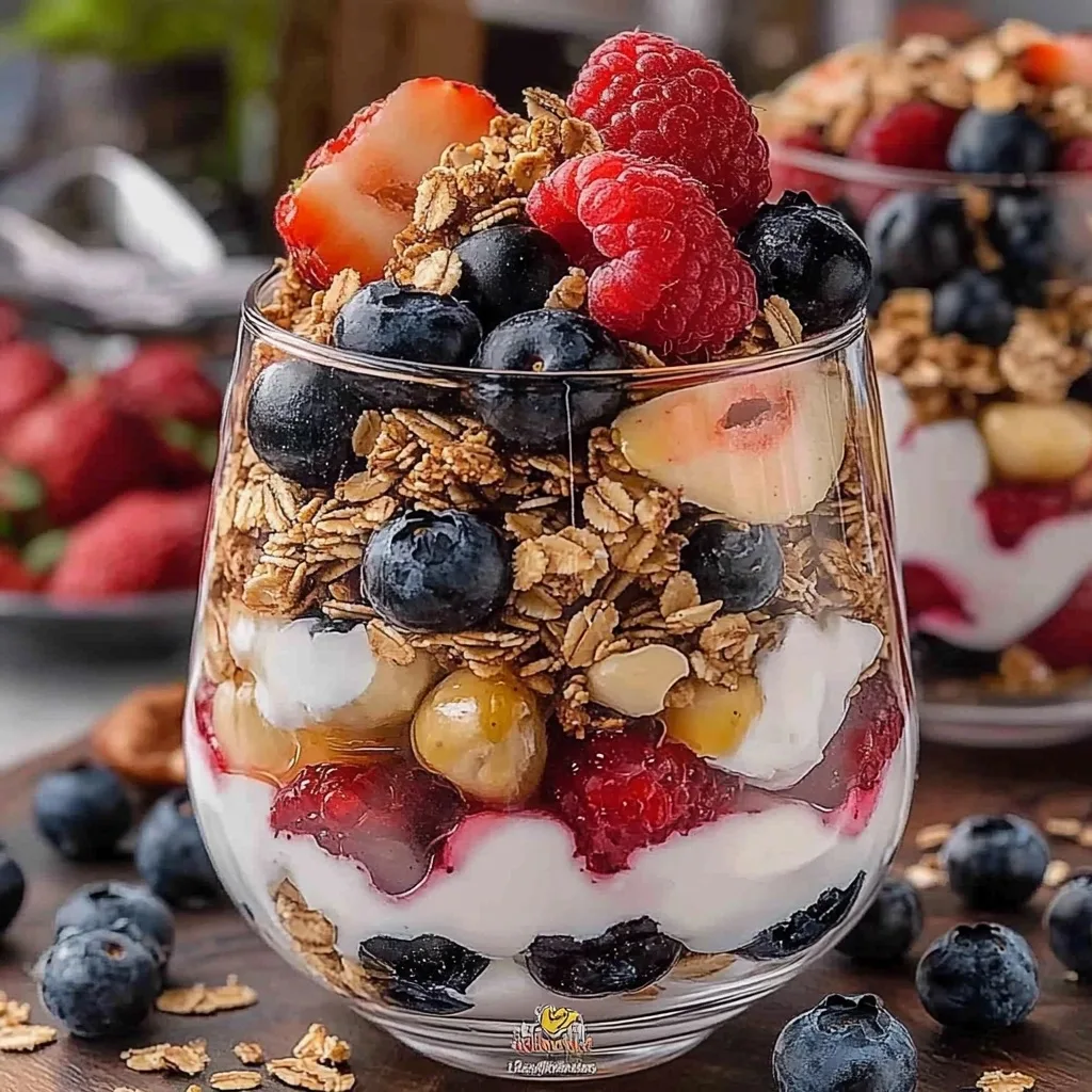 Greek yogurt parfait in a clear stemmed glass showing distinctive layers of white yogurt, honey, granola, and colorful berries including blueberries, raspberries, and strawberries, surrounded by scattered fresh blueberries.