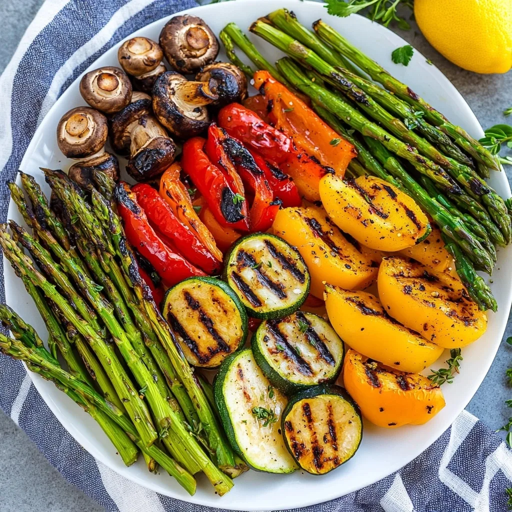 Grilled vegetable medley featuring zucchini, mushrooms, asparagus, bell peppers, and cherry tomatoes on a white plate atop a blue striped cloth.