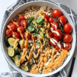 Italian Buddha Bowl with sections of roasted zucchini, cherry tomatoes, white beans, and orange sauce over ancient grains