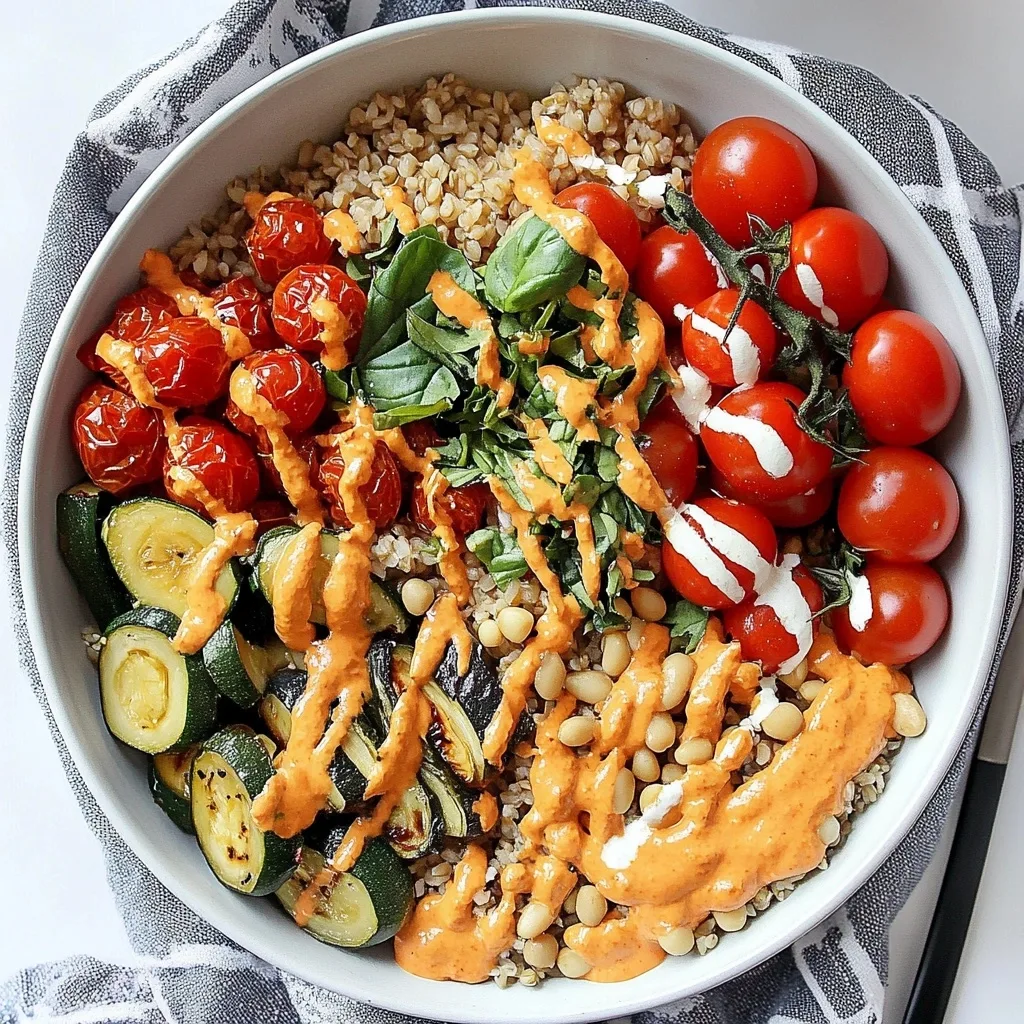 Italian Buddha Bowl with sections of roasted zucchini, cherry tomatoes, white beans, and orange sauce over ancient grains