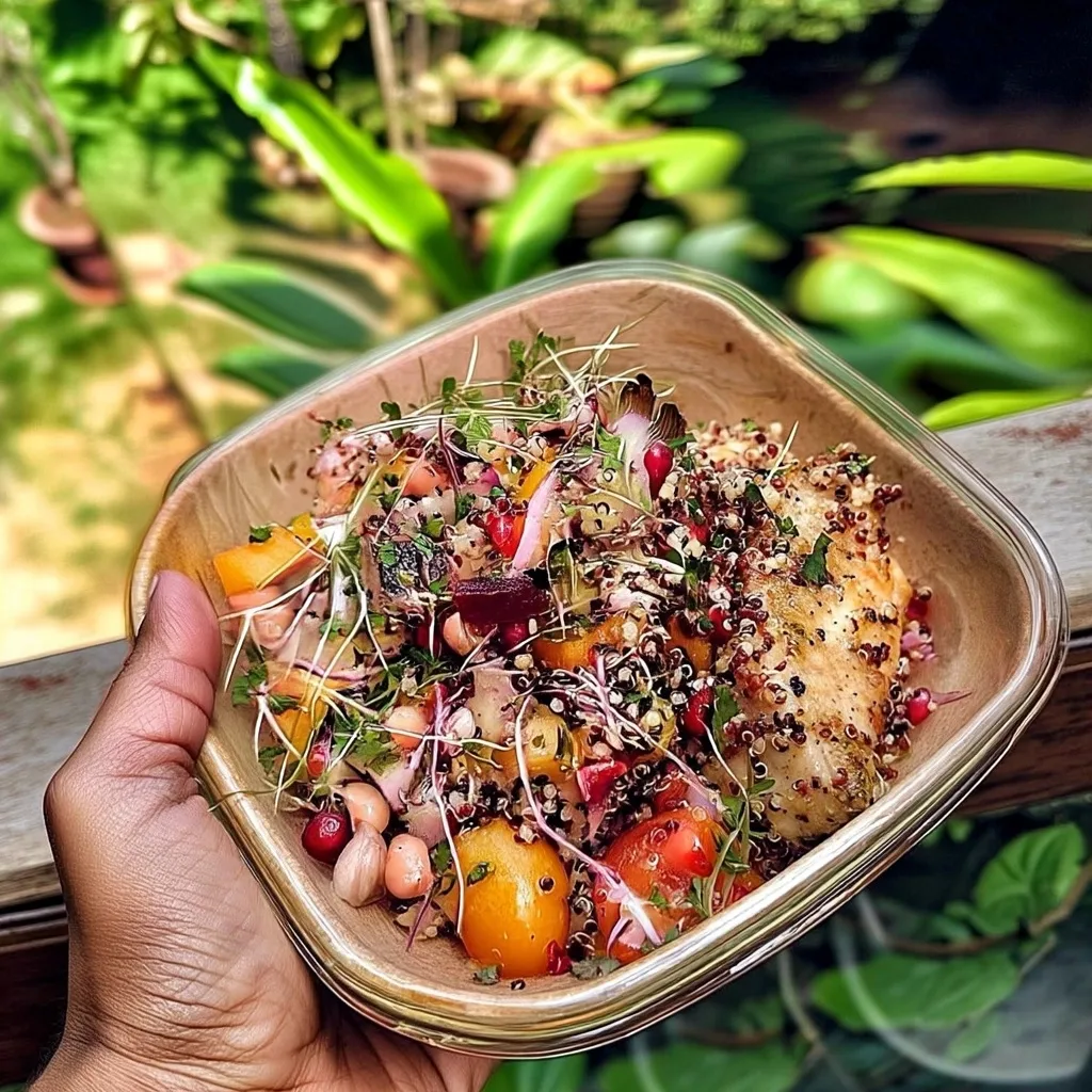 Hand holding glass meal prep container filled with summer herb chicken, vegetables, and quinoa ready for weekly meals