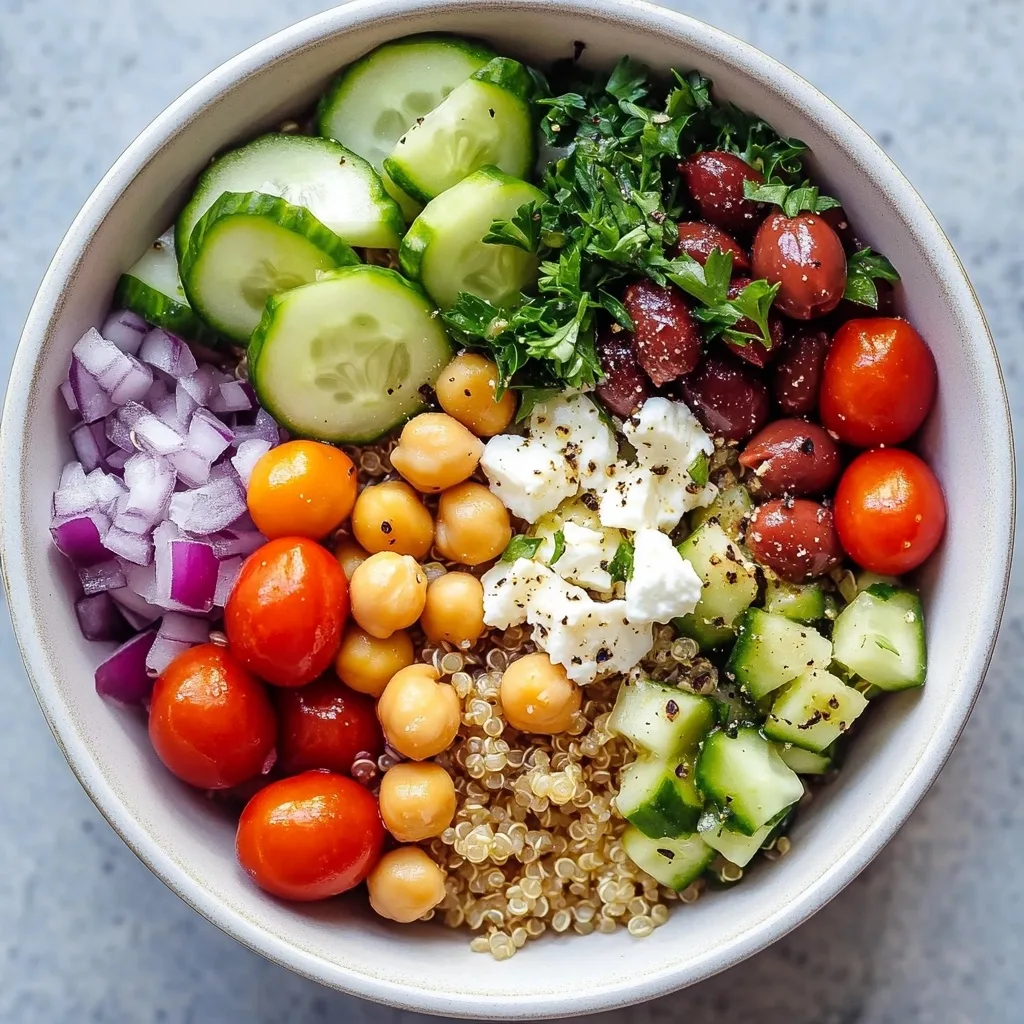 Overhead view of a Quinoa Mediterranean Bowl with cherry tomatoes, red onions, cucumber, chickpeas, Kalamata olives, fresh herbs, feta cheese, and a drizzle of dressing.