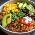 A hearty quinoa black bean bowl featuring fluffy quinoa topped with corn, black beans, diced tomatoes, avocado slices, fresh cilantro, and a dollop of sour cream in a white ceramic bowl.