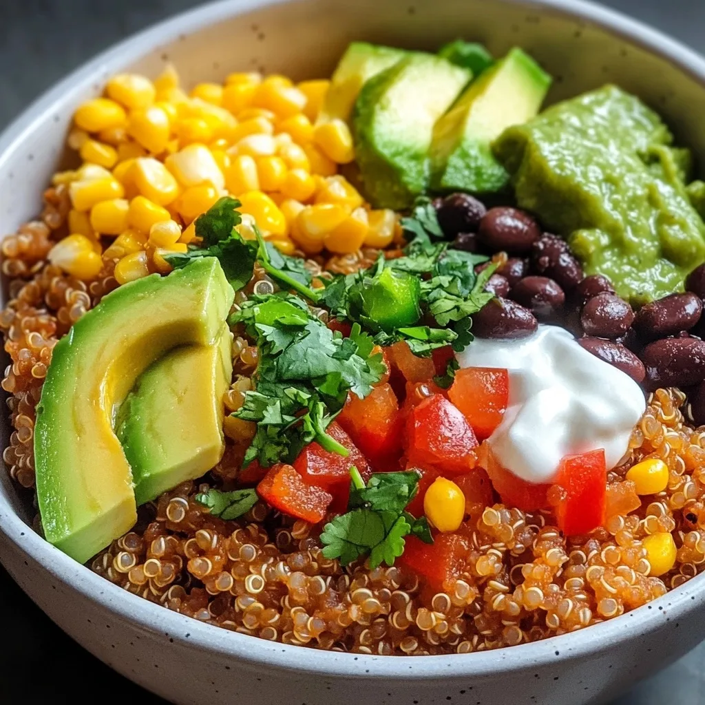 A hearty quinoa black bean bowl featuring fluffy quinoa topped with corn, black beans, diced tomatoes, avocado slices, fresh cilantro, and a dollop of sour cream in a white ceramic bowl.