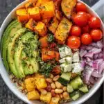 Colorful roasted vegetable quinoa bowl with sweet potato cubes, cherry tomatoes, avocado slices, zucchini, red onion, feta cheese, and pine nuts on a quinoa base.