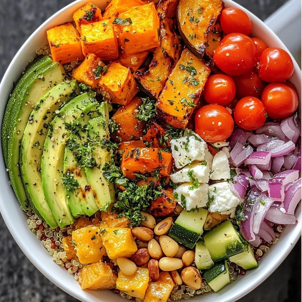 Colorful roasted vegetable quinoa bowl with sweet potato cubes, cherry tomatoes, avocado slices, zucchini, red onion, feta cheese, and pine nuts on a quinoa base.