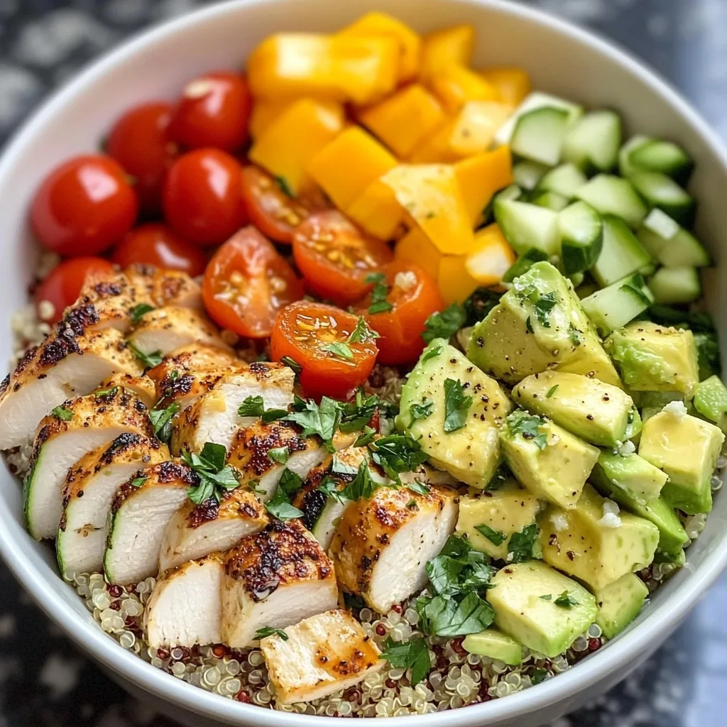 Quinoa bowl topped with grilled chicken slices, avocado cubes, cherry tomatoes, cucumber, and yellow bell peppers.