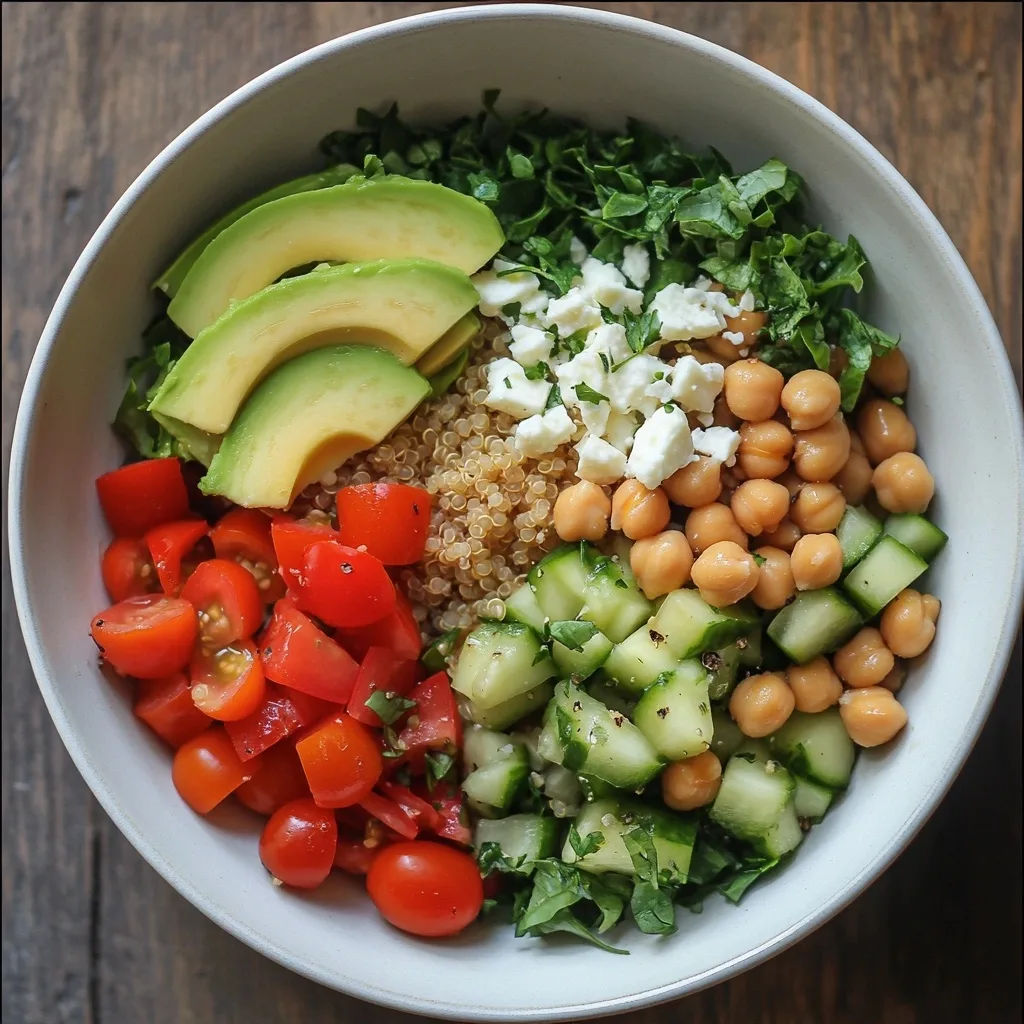 Quinoa power bowl with avocado slices, chickpeas, cucumber, tomatoes, feta cheese and leafy greens