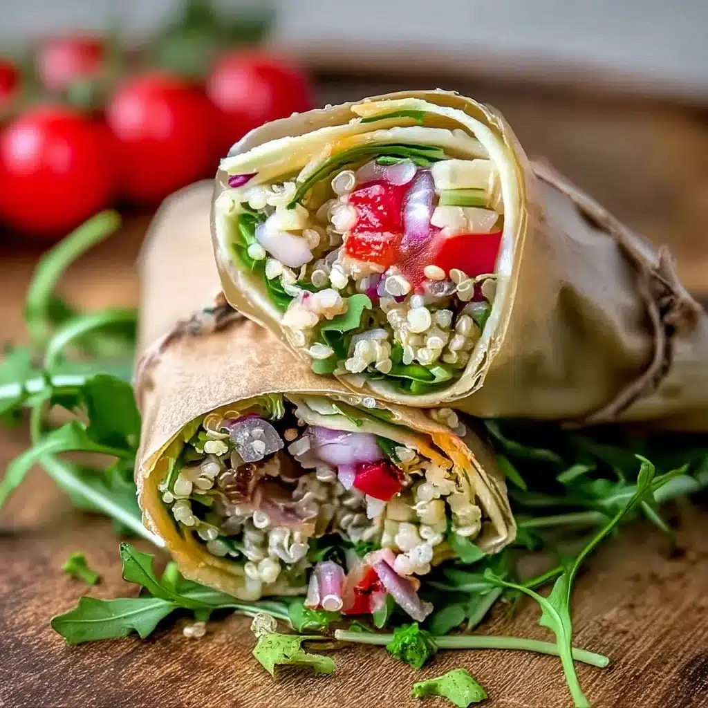Two halved Mediterranean quinoa wraps displaying quinoa filling with cherry tomatoes, purple onions, and greens alongside fresh tomatoes and herbs
