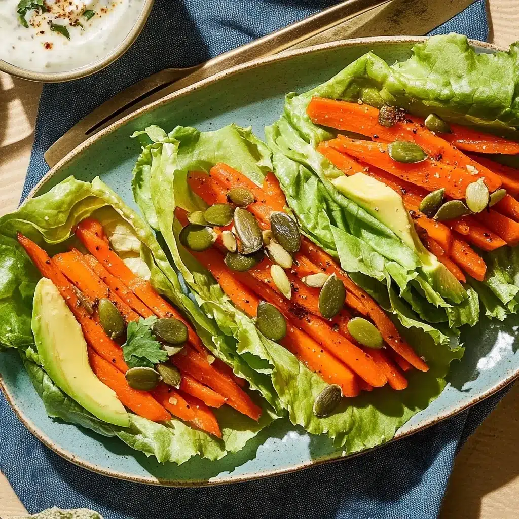 Roasted carrot lettuce wraps with fresh herbs and seeds on blue speckled ceramic plate
