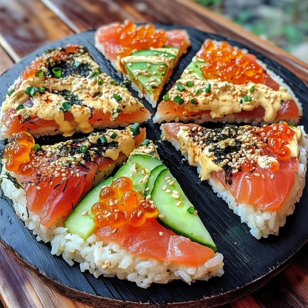Six-slice sushi pizza with salmon, avocado, tobiko, and spicy mayo on a crispy rice base served on a black slate plate.