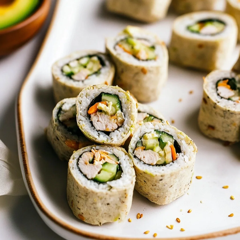 Sushi sandwich rolls on a white plate with brown rim, surrounded by serving dishes with ingredients