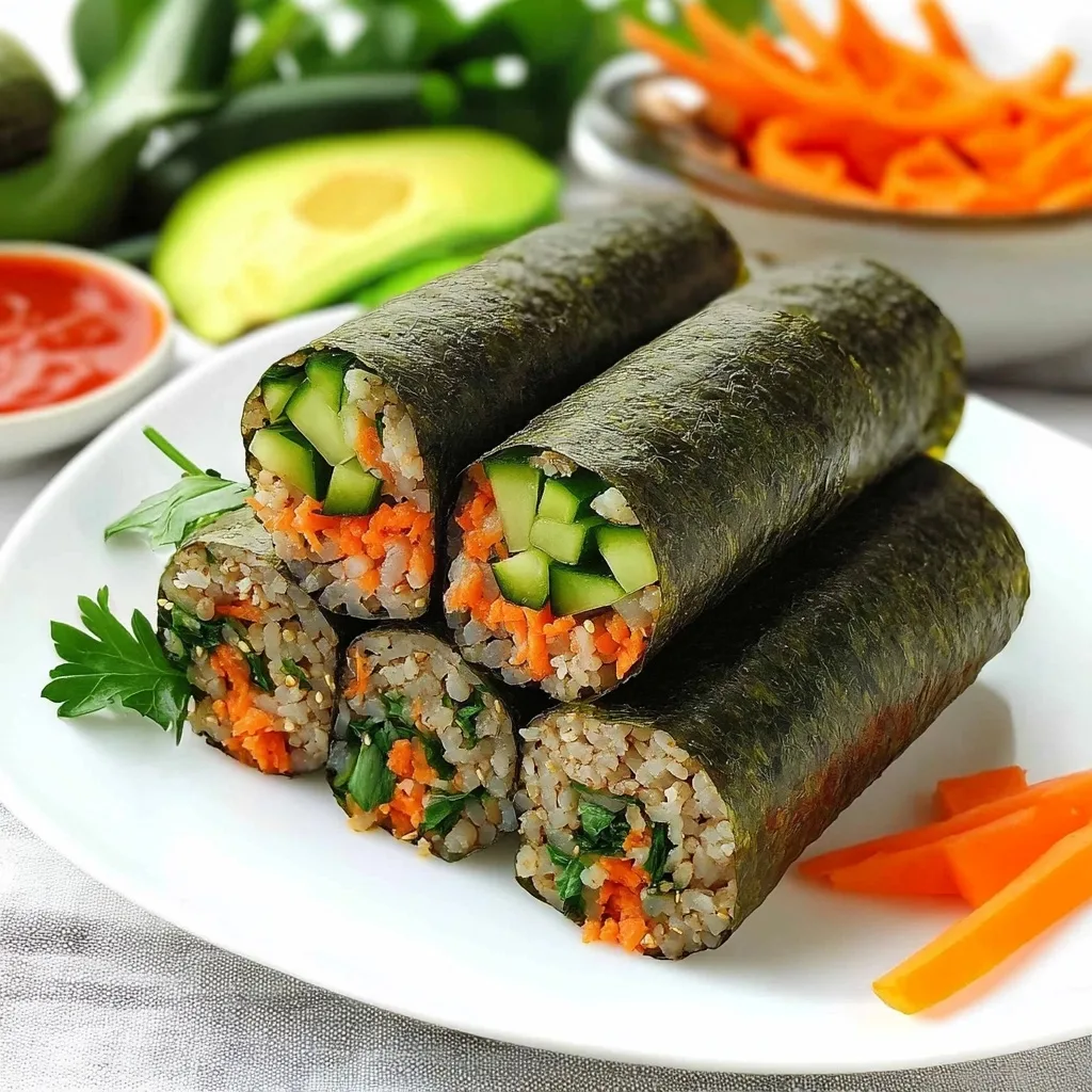 Four vegetarian sushi wraps stacked on a white plate showcasing colorful fillings of cucumber, carrot, and herbs with ingredients in background