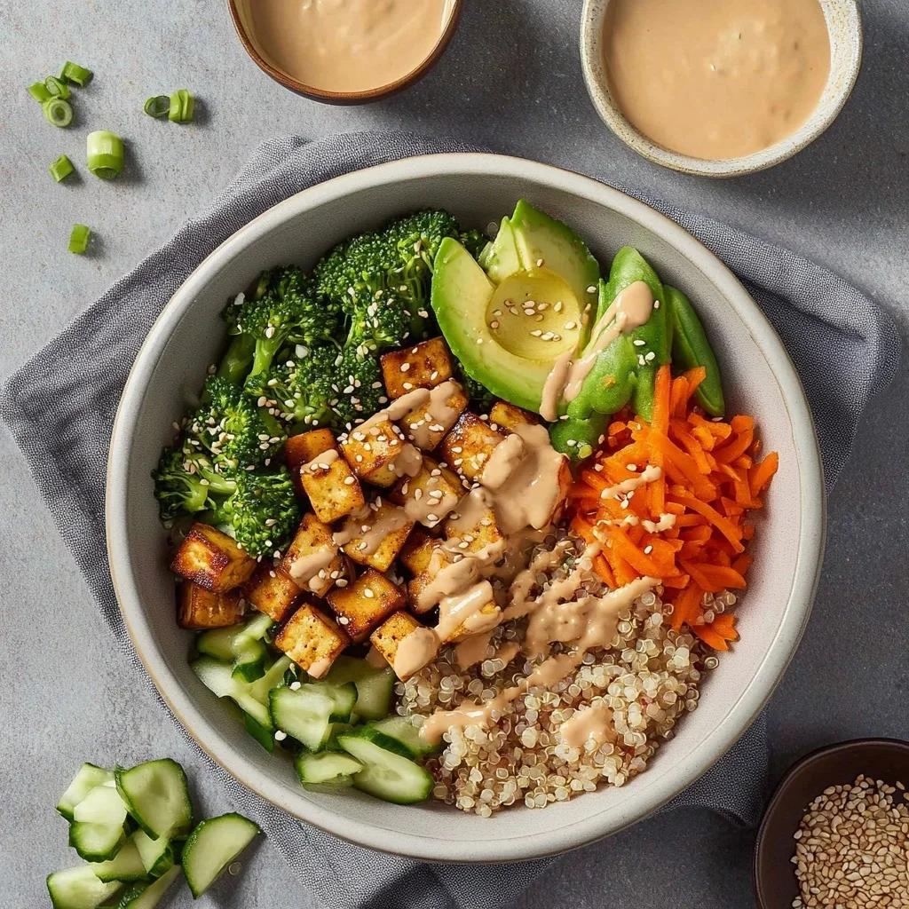 Colorful Tofu Buddha Bowl with broccoli, avocado, carrots, cucumber, quinoa and crispy tofu with tahini dressing.