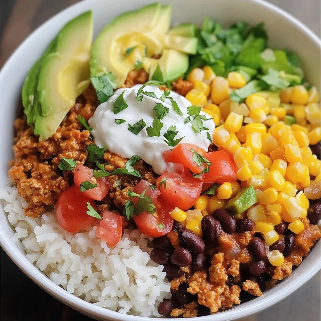 Turkey taco burrito bowl with white rice, seasoned ground turkey, black beans, corn, cherry tomatoes, avocado, sour cream, and fresh cilantro garnish