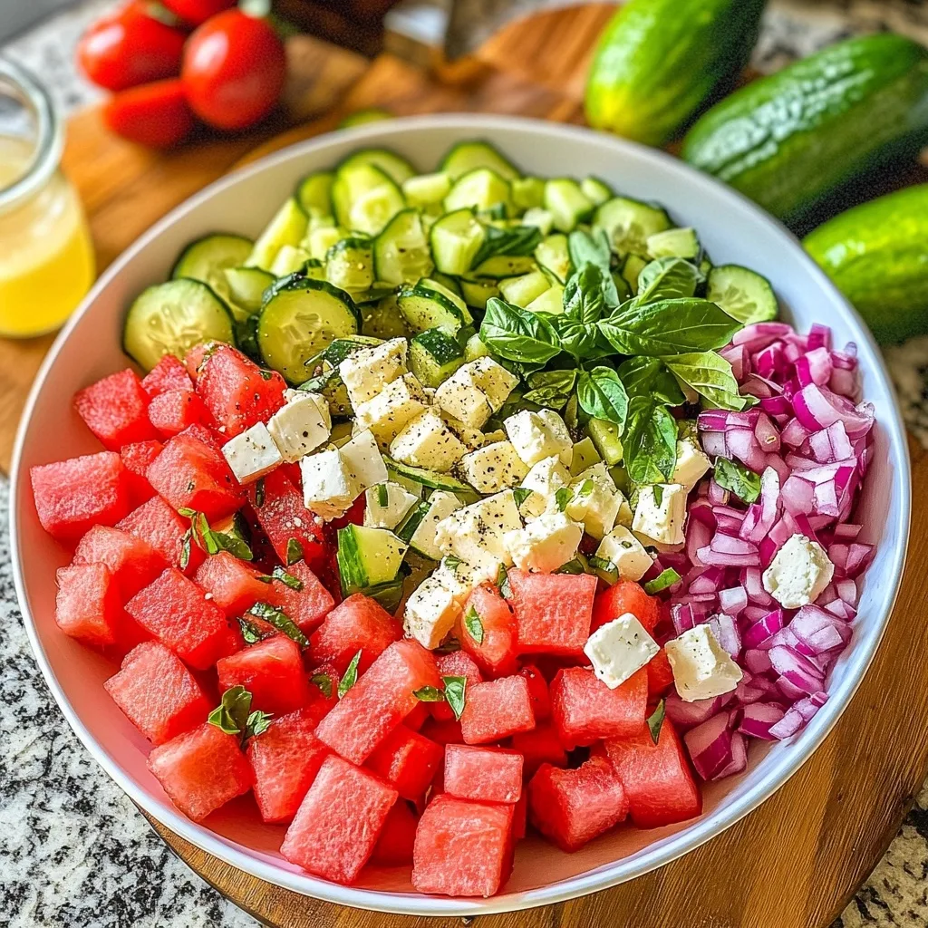 Watermelon-Feta Summer Salad arranged in sections with cubed watermelon, cucumber slices, feta cheese cubes, red onion, and fresh basil leaves in a white bowl.