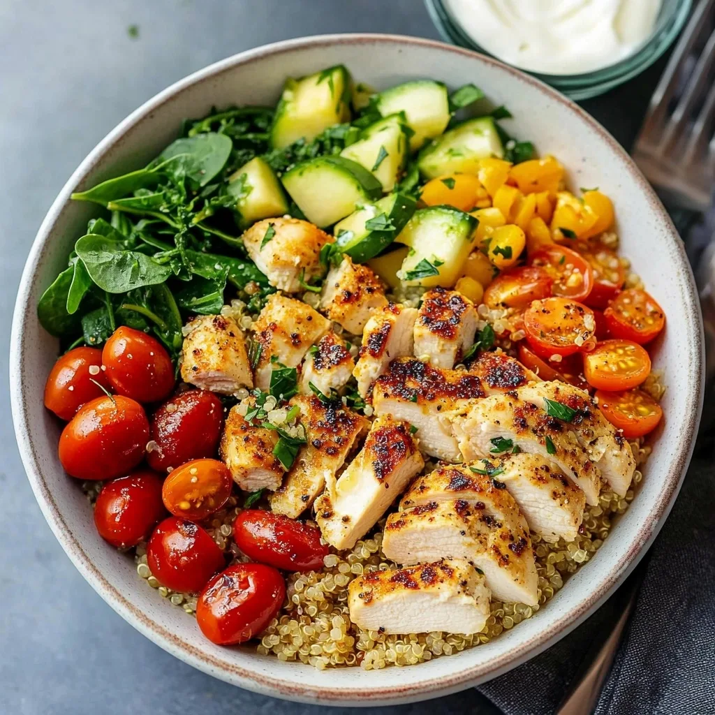 Healthy chicken quinoa bowl with seasoned chicken, cherry tomatoes, sautéed zucchini, and fresh spinach on white quinoa in a ceramic bowl