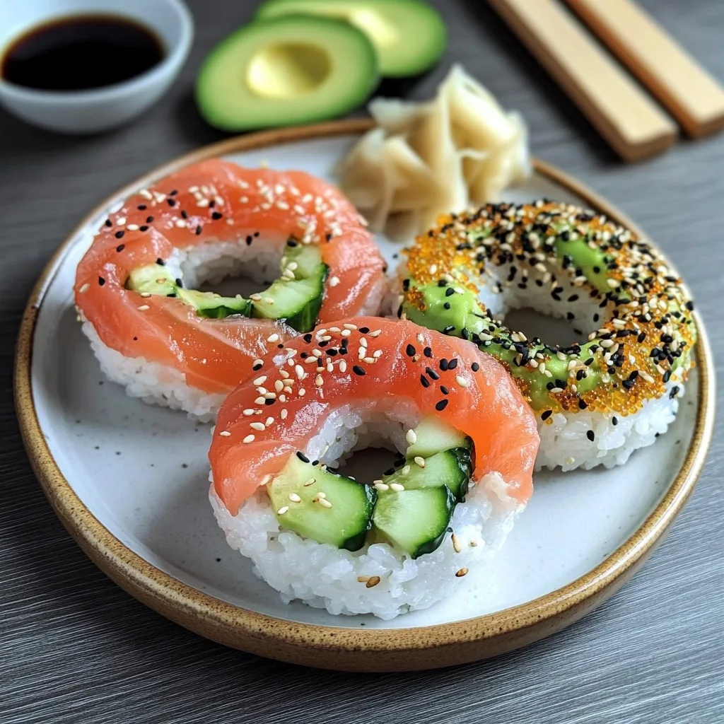 Three sushi donuts on a ceramic plate with two featuring salmon and cucumber and one topped with orange tobiko, alongside avocado slices and pickled ginger.
