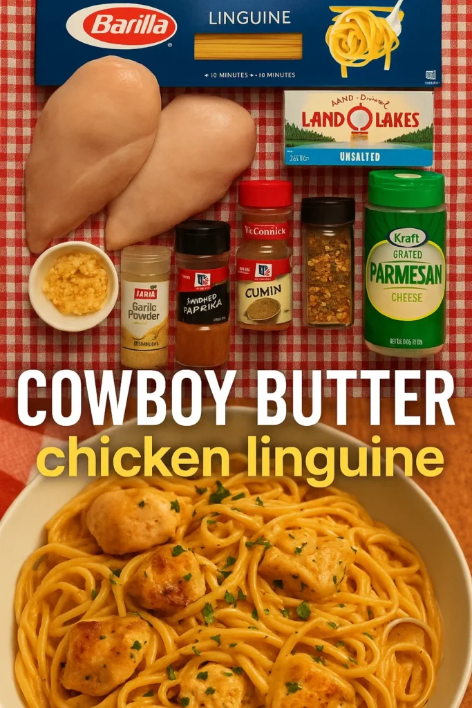 Cowboy Butter Chicken Linguine ingredients arranged on a red checkered tablecloth with the finished dish displayed below.