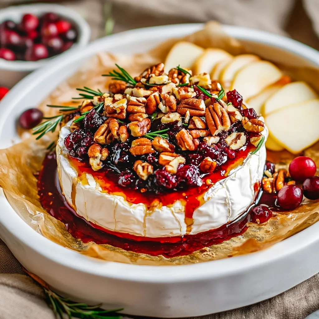 Cranberry Pecan Brie Delight topped with toasted pecans and cranberry sauce, served with apple slices on parchment paper.