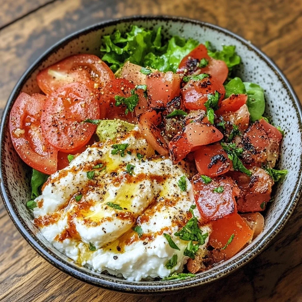 BLT Cottage Cheese Bowl with creamy white cheese, juicy tomatoes, fresh green herbs, and a drizzle of olive oil in a speckled ceramic bowl