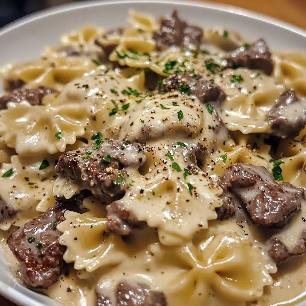 Creamy Beef and Bowtie Pasta with Alfredo Sauce in a white bowl with browned beef chunks and fresh parsley garnish