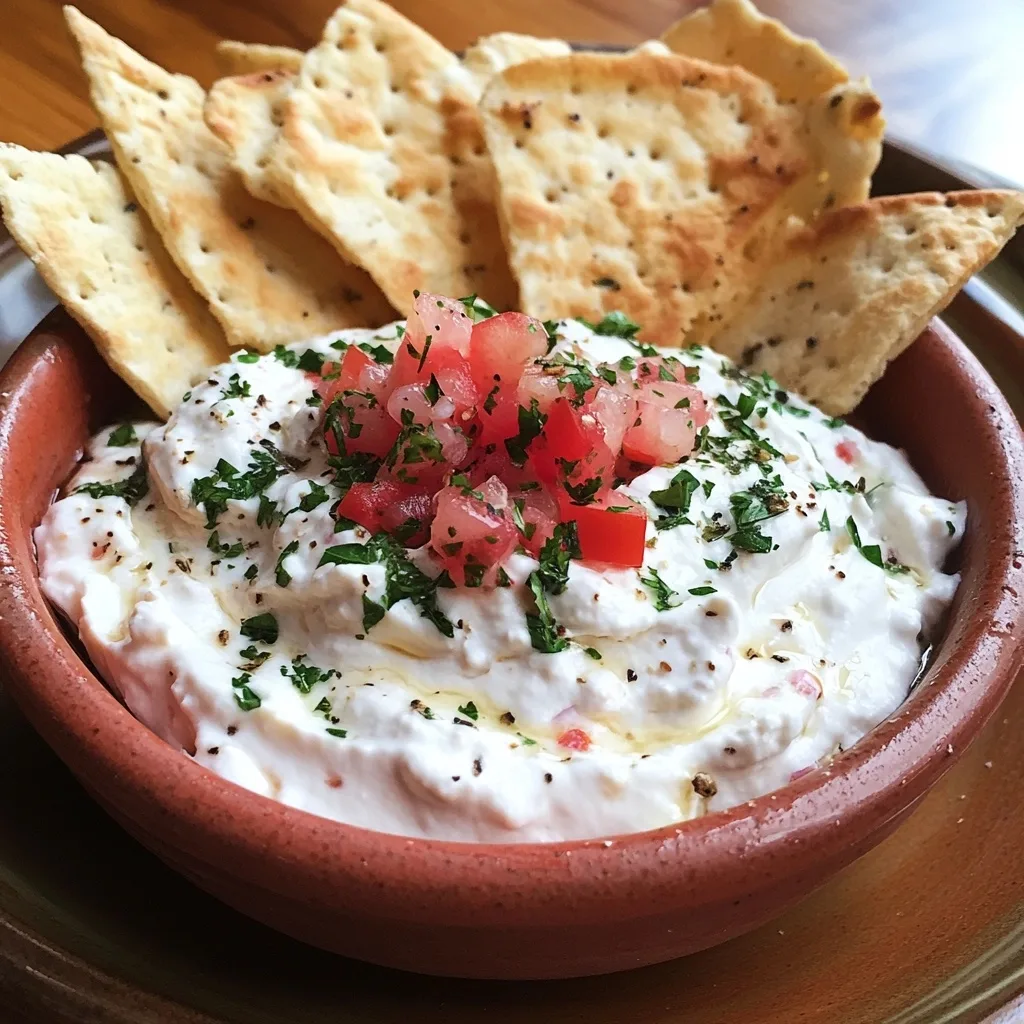 Creamy Boat Dip (Rotel Ranch Dip) topped with diced tomatoes and fresh herbs served with crackers in a terracotta bowl