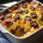Close-up of breakfast sausage and cheese casserole with a serving removed showing the creamy interior with bread, sausage and melted cheese.