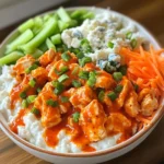 A Buffalo Chicken Cottage Cheese Bowl featuring shredded chicken coated in orange buffalo sauce over white cottage cheese, garnished with green onions, celery sticks, shredded carrots, and blue cheese crumbles.