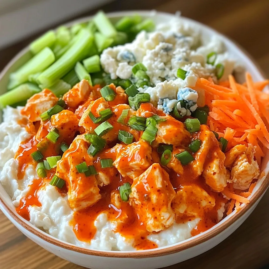A Buffalo Chicken Cottage Cheese Bowl featuring shredded chicken coated in orange buffalo sauce over white cottage cheese, garnished with green onions, celery sticks, shredded carrots, and blue cheese crumbles.