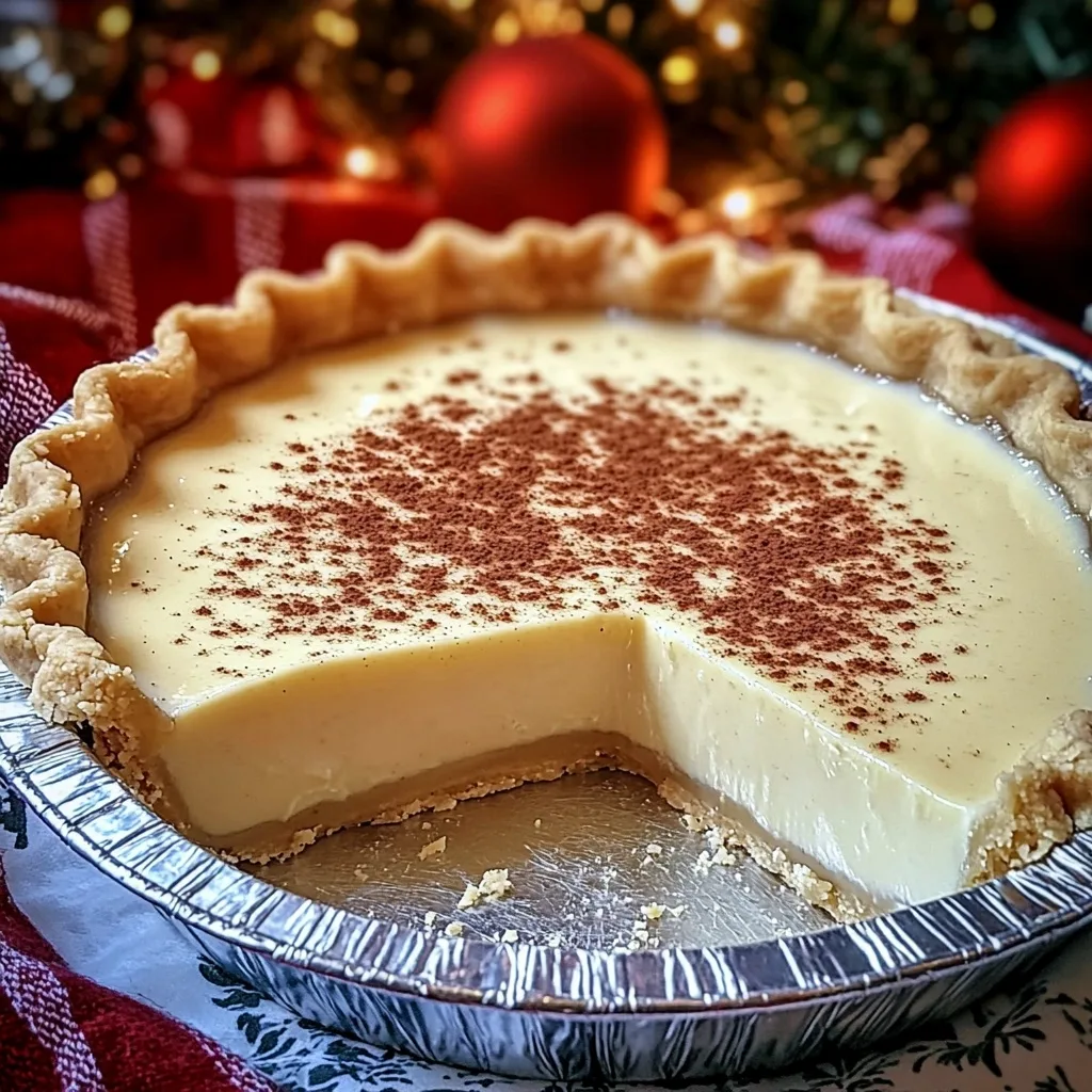 Close-up of a vanilla custard pie with cinnamon topping, one slice removed, set against a backdrop of blurred Christmas lights and red ornaments.