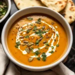 Bowl of vibrant orange coconut curry pumpkin soup garnished with swirls of coconut milk, fresh cilantro, pumpkin seeds, and black pepper, served with naan bread.