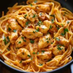 Creamy Cowboy Butter Chicken Linguine with tender chicken chunks and al dente pasta coated in a rich golden sauce, garnished with fresh parsley.