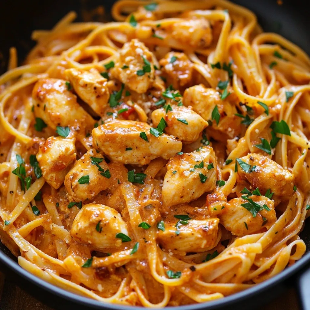 Creamy Cowboy Butter Chicken Linguine with tender chicken chunks and al dente pasta coated in a rich golden sauce, garnished with fresh parsley.