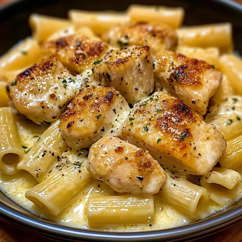 Golden-seared chicken chunks with rigatoni pasta in a creamy garlic butter sauce sprinkled with fresh herbs.