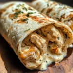 Close-up of a grilled cheesy garlic chicken wrap with melted cheese pulling from the filling and fresh herbs garnish on wooden serving board.