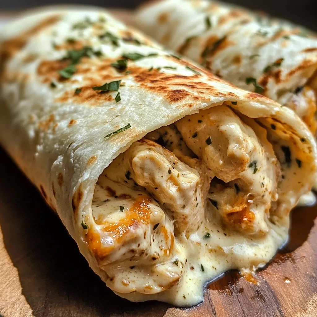 Close-up of a grilled cheesy garlic chicken wrap with melted cheese pulling from the filling and fresh herbs garnish on wooden serving board.