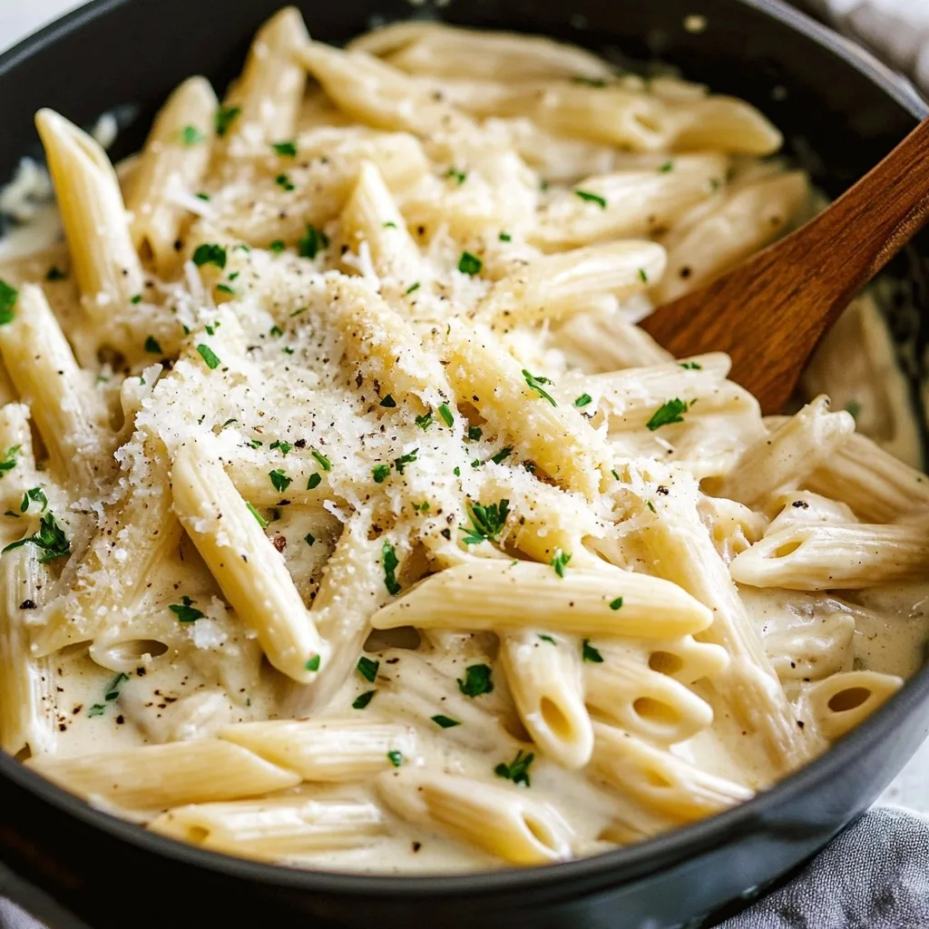 Creamy garlic penne pasta in a black pan garnished with fresh parsley, Parmesan cheese, and black pepper