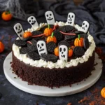 Chocolate cake decorated as a Halloween graveyard featuring Oreo cookies, ghost-shaped tombstones with drawn faces, candy pumpkins, and piped whipped cream border.